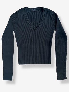 John Galt Ribbed V-Neck Knit Sweater Black One Size (XS)